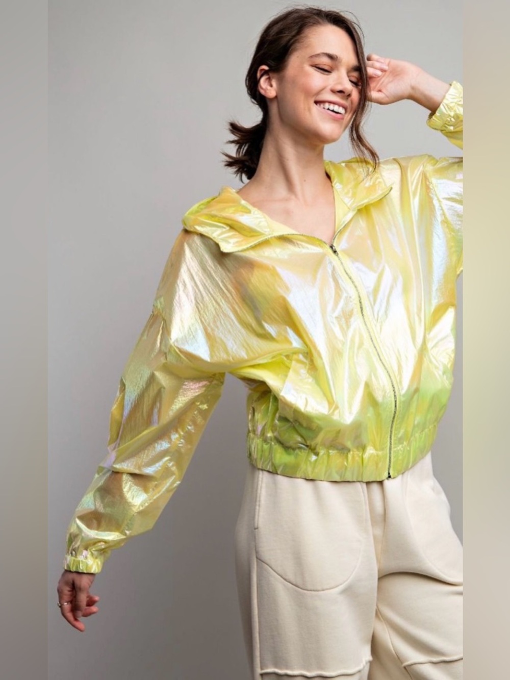 NEW! EASEL SHINY WIND ZIP UP JACKET in Lime 🍋‍🟩